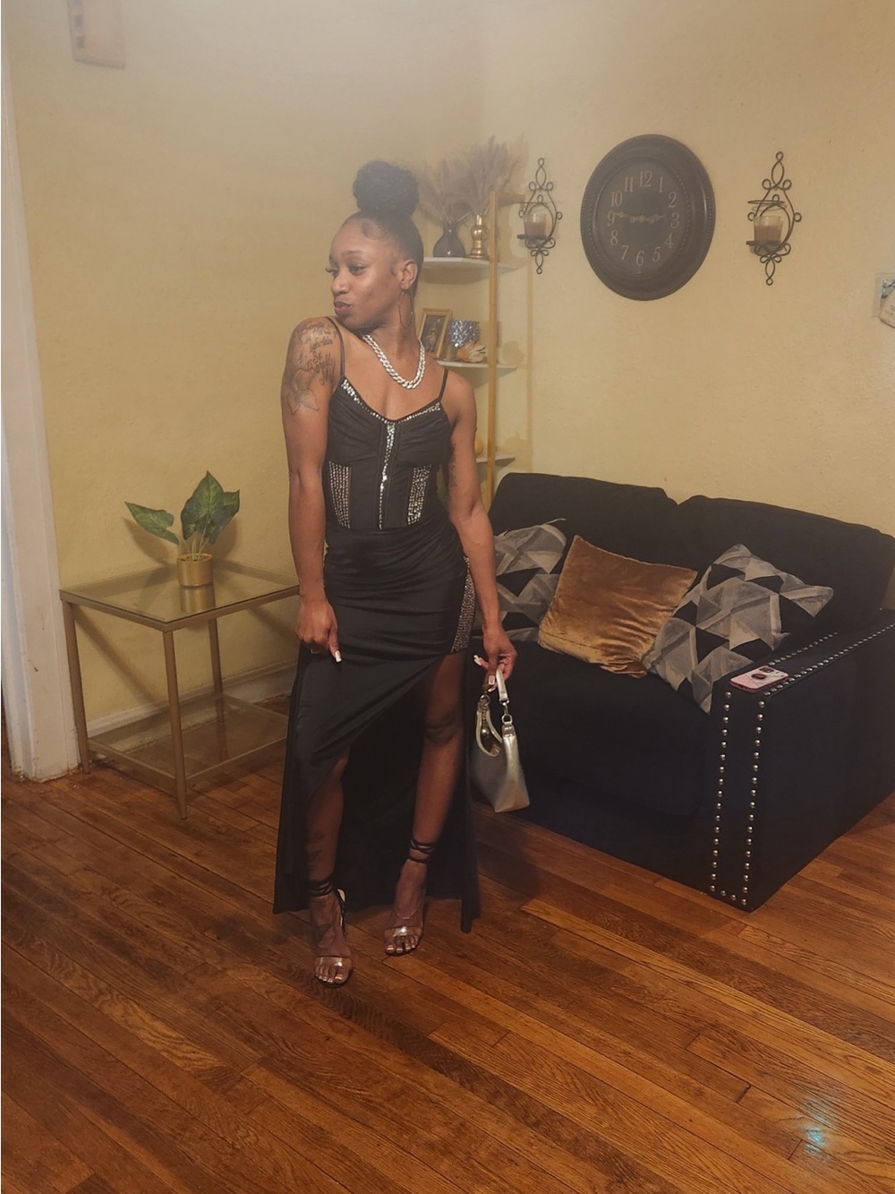 Black Sequin-Trim Lace-Up Back Evening Gown
